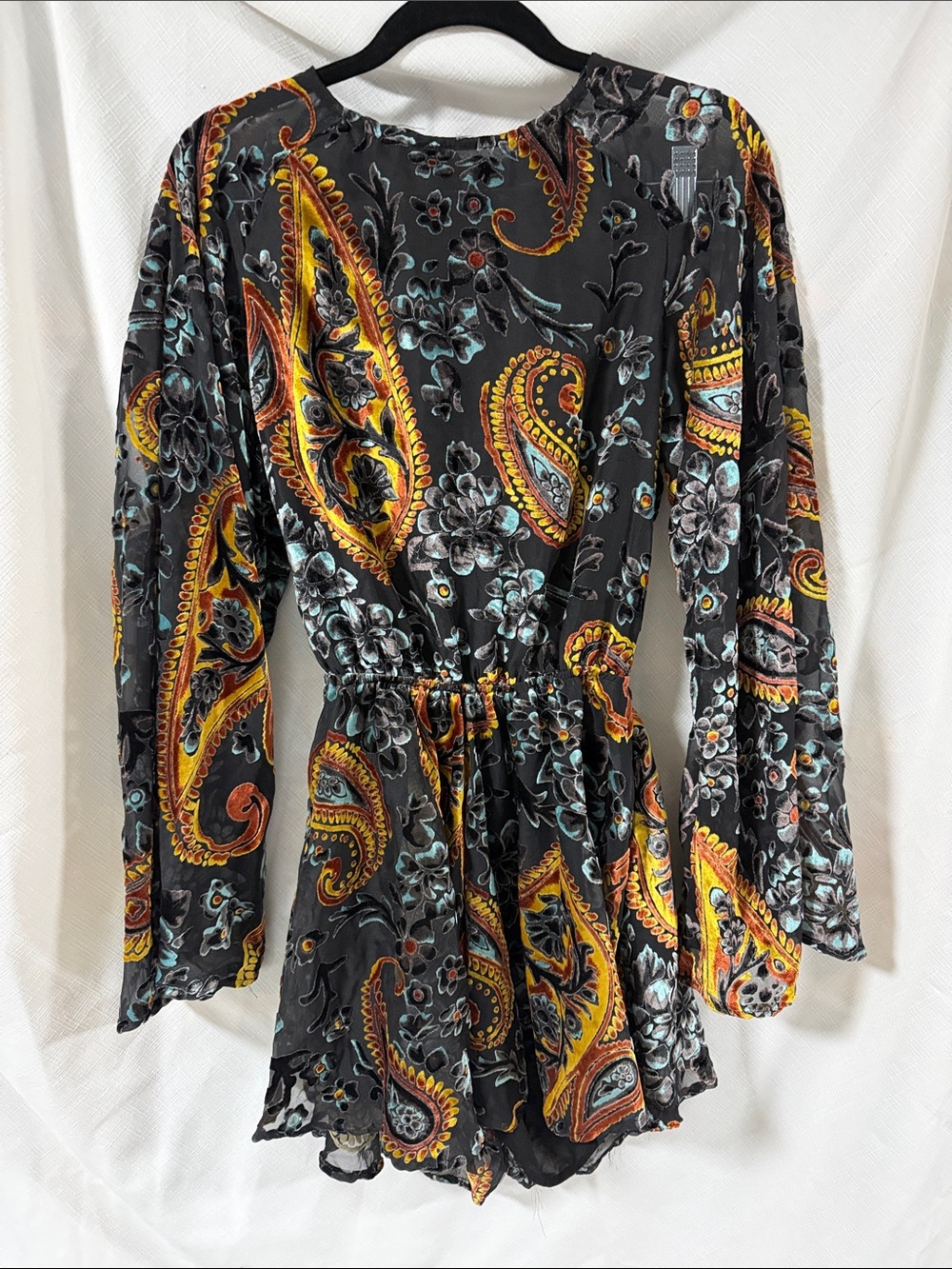 Lioness Black Paisley Print Long Sleeve Romper with Yellow & Teal Accents